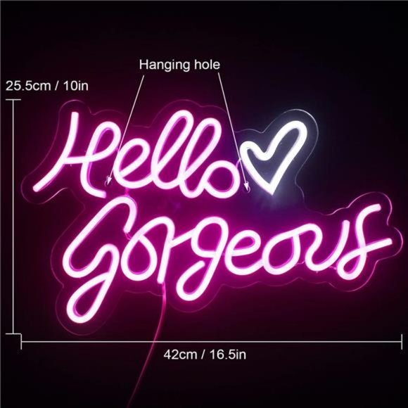 "Hello Gorgeous" Hot Pink Bright Neon LED Wall Sign for Room Decor Cute - Picture 2 of 7